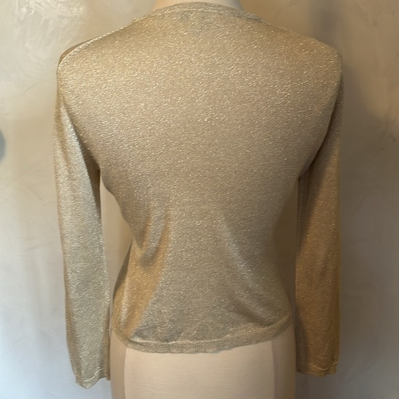 Ann Taylor Silk Blend Gold Sparkly pull over Top ribbed neck,cuffs & hem Size MP - Picture 4 of 10